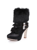 WOMEN'S THICK HIGH HEEL MIDDLE TUBE FUR RHINESTONE BOOTS