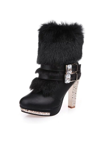 WOMEN'S THICK HIGH HEEL MIDDLE TUBE FUR RHINESTONE BOOTS