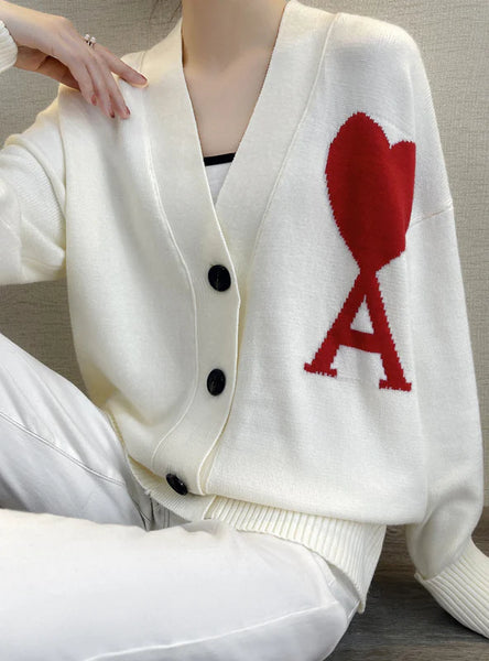 RED HEART LOVE LETTER A KNITTED CARDIGAN LONG-SLEEVED SWEATER