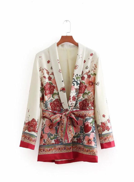 RED FLORAL PRINT KIMONO SUIT JACKET LADIES WAIST BOWKNOT