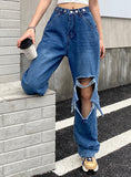 IRREGULAR HOLE HIGH WAIST STRAIGHT JEANS