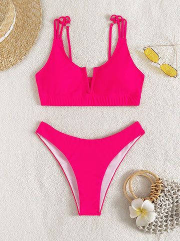 SOLID COLOR V-NECK SEXY BIKINI