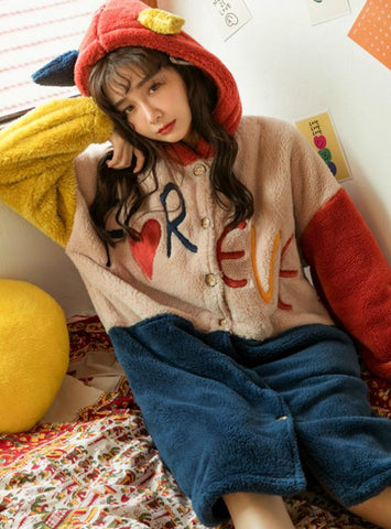 LETTER THICKENED CORAL FLEECE ROBE LONG NIGHTWEAR