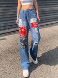 CONTRAST COLOR HIGH WAIST HOLE JEANS