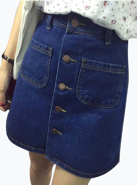 A-Line Korean Mini Jeans Skirt Thin Single Breast Button 