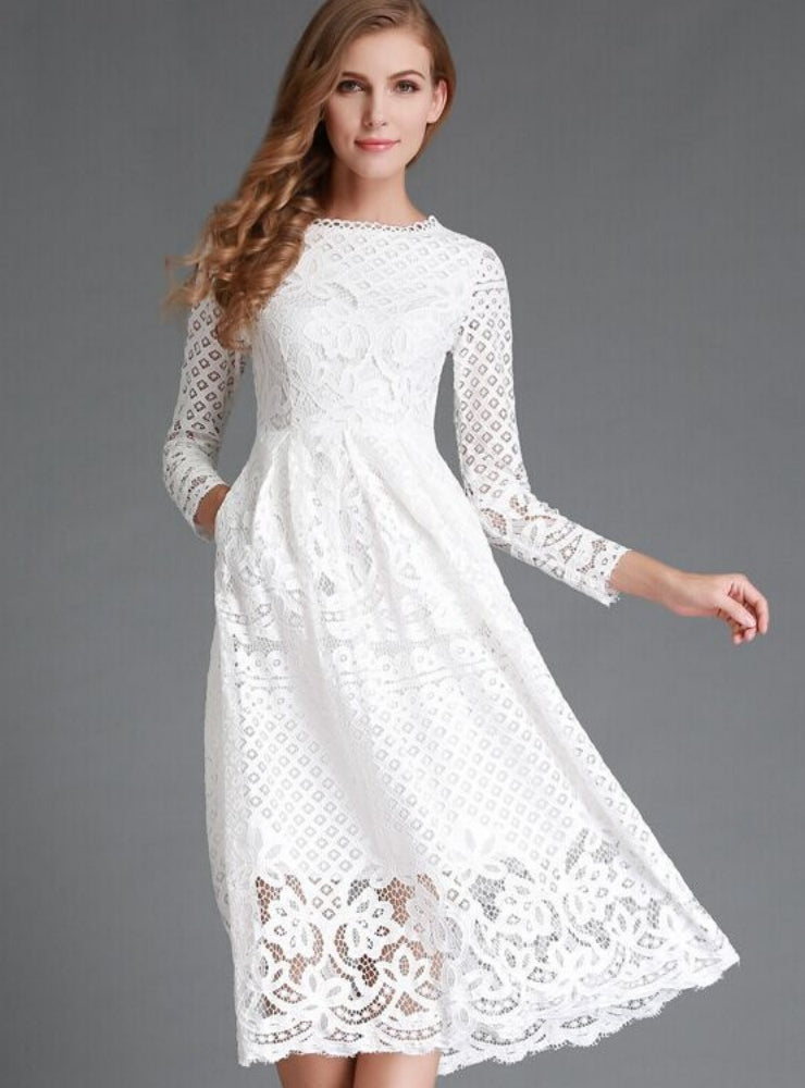 White Lace Long Sleeve Party Dresses – Ncocon