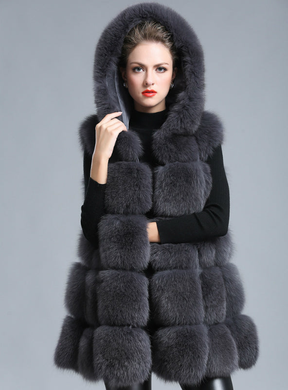 Women Thick Faux Fur Vest Hooded Fox Fur Vest Middle-Long – Ncocon