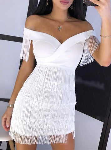 Off the Shoulder Tassel Tight Dress