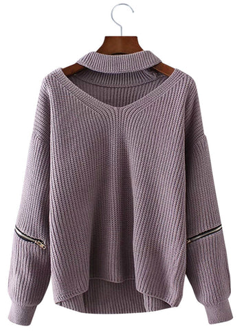 Women Knitted Choker Sweater V Neck Drop Shoulder 