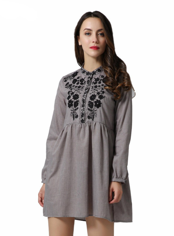Floral Embroidery Pleated Dress Long Sleeve O Neck Casual Mini Dresses ...