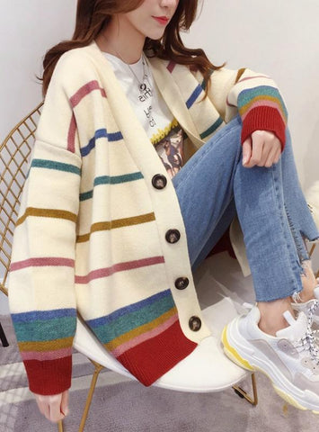 Women Loose Sweater Long Stripe Knit Cardigan 