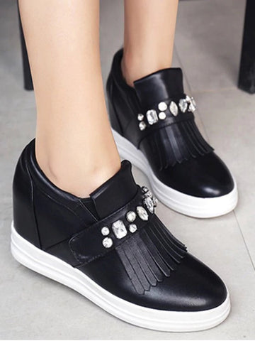 Trendy Rhinestone Fringe Round Toe Wedge Shoes