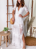 Wild Essence V-Neck Lace Romper Short Sleeve Maxi Dress