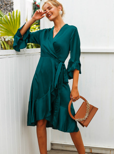 Women Satin Solid Dress Ruffle Flare Sleeve Sash Wrap – Ncocon