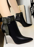 RETRO ULTRA-HIGH HEEL POINTED RIVET BELT BUCKLE BOOTIES