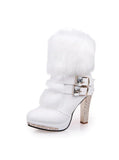 WOMEN'S THICK HIGH HEEL MIDDLE TUBE FUR RHINESTONE BOOTS