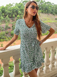 SHORT SLEEVE LACE-UP V-NECK FLORAL DRESS