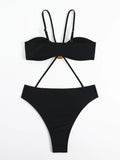 SOLID COLOR CROSS TIED ROPE TUBE TOP ONE-PIECE SWIMSUIT