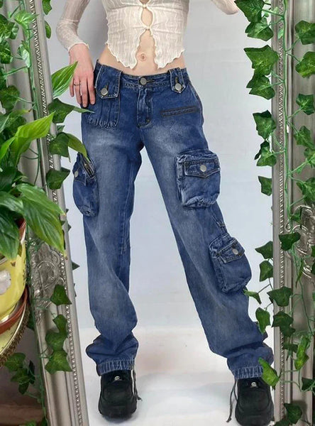 BUCKLE LOW WAIST RETRO POCKET STRAIGHT JEANS