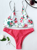 Floral Print Lattice Strappy Bikini Set