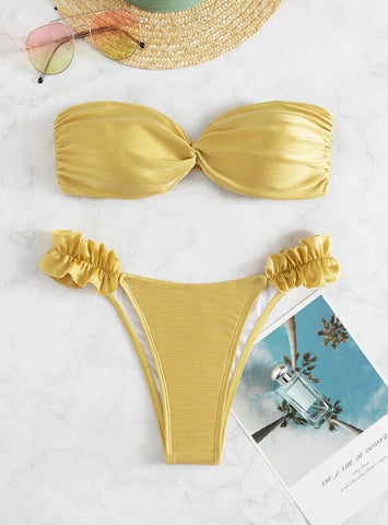 SPLIT BEACH TUBE TOP AND LOTUS LEAF BIKINI