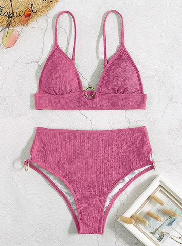 SOLID COLOR CHEST GATHERED SPLIT BIKINI