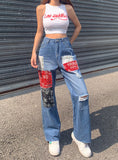 CONTRAST COLOR HIGH WAIST HOLE JEANS