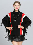 VERTICAL STRIPES LOOSE FRINGED TURTLENECK SWEATER COAK