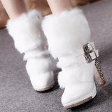 WOMEN'S THICK HIGH HEEL MIDDLE TUBE FUR RHINESTONE BOOTS