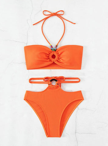 HALTER SOLID COLOR METAL RING HIGH WAIST SPLIT SWIMSUIT