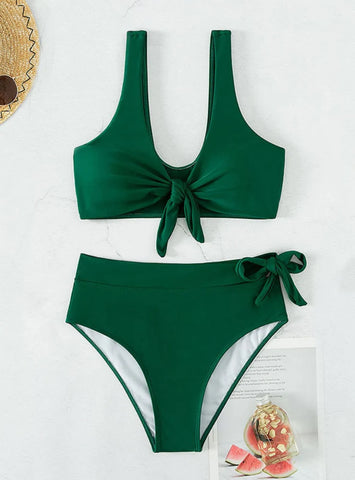 SOLID COLOR GATHERED HIGH WAIST SWIMSUIT