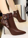 RETRO ULTRA-HIGH HEEL POINTED RIVET BELT BUCKLE BOOTIES