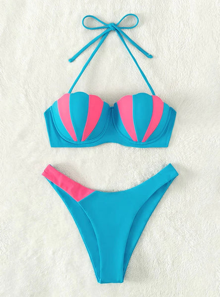 SOLID COLOR SHELL STEEL SUPPORT SPLIT SWIMSUIT