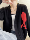 RED HEART LOVE LETTER A KNITTED CARDIGAN LONG-SLEEVED SWEATER