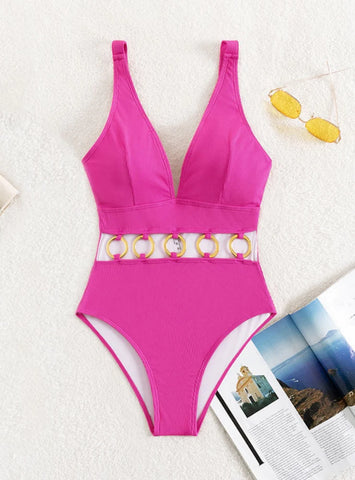 V-NECK METAL RING ONE-PIECE HOLLOW SOLID COLOR SWIMSUIT