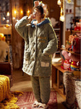 GREEN THREE-LAYER QUILTED THICKENED WARM CORAL FLEECE TWO-PIECE SUIT