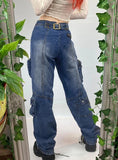 BUCKLE LOW WAIST RETRO POCKET STRAIGHT JEANS