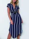 Casual Summer Striped Split-side V-neck Midi Dresses