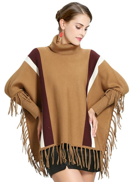 VERTICAL STRIPES LOOSE FRINGED TURTLENECK SWEATER COAK