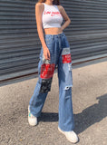 CONTRAST COLOR HIGH WAIST HOLE JEANS