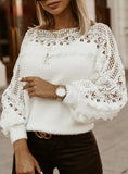 WOMEN SOLID GUIPURE LACE LANTERN SLEEVE SWEATER