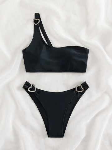 BLACK ONE-SHOULDER SPLIT BIKINI