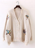  Long Sleeve Casual Embroidery Cardigan Female V Neck Hole Cardigans