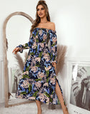 ONE-SHOULDER LONG SLEEVE PRINT DRESS