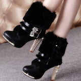 WOMEN'S THICK HIGH HEEL MIDDLE TUBE FUR RHINESTONE BOOTS