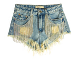 FRINGE DRILL CHAIN DENIM SHORTS