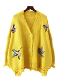  Long Sleeve Casual Embroidery Cardigan Female V Neck Hole Cardigans