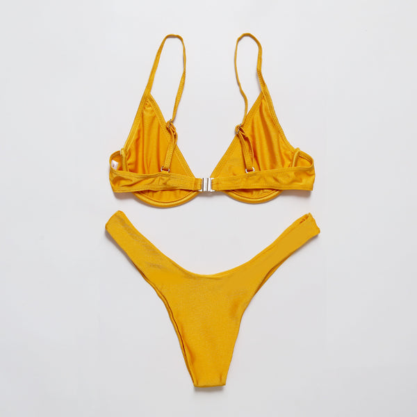 Yellow Ribbed Texture Bandeau Bikini Set Ncocon