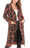 Women Long Sleeve Open Front Leopard Knit Long Cardigan Casual Print Knitted Maxi Sweater