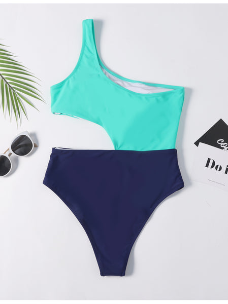 One Shoulder Cutout Colorblock Swimsuit – Ncocon